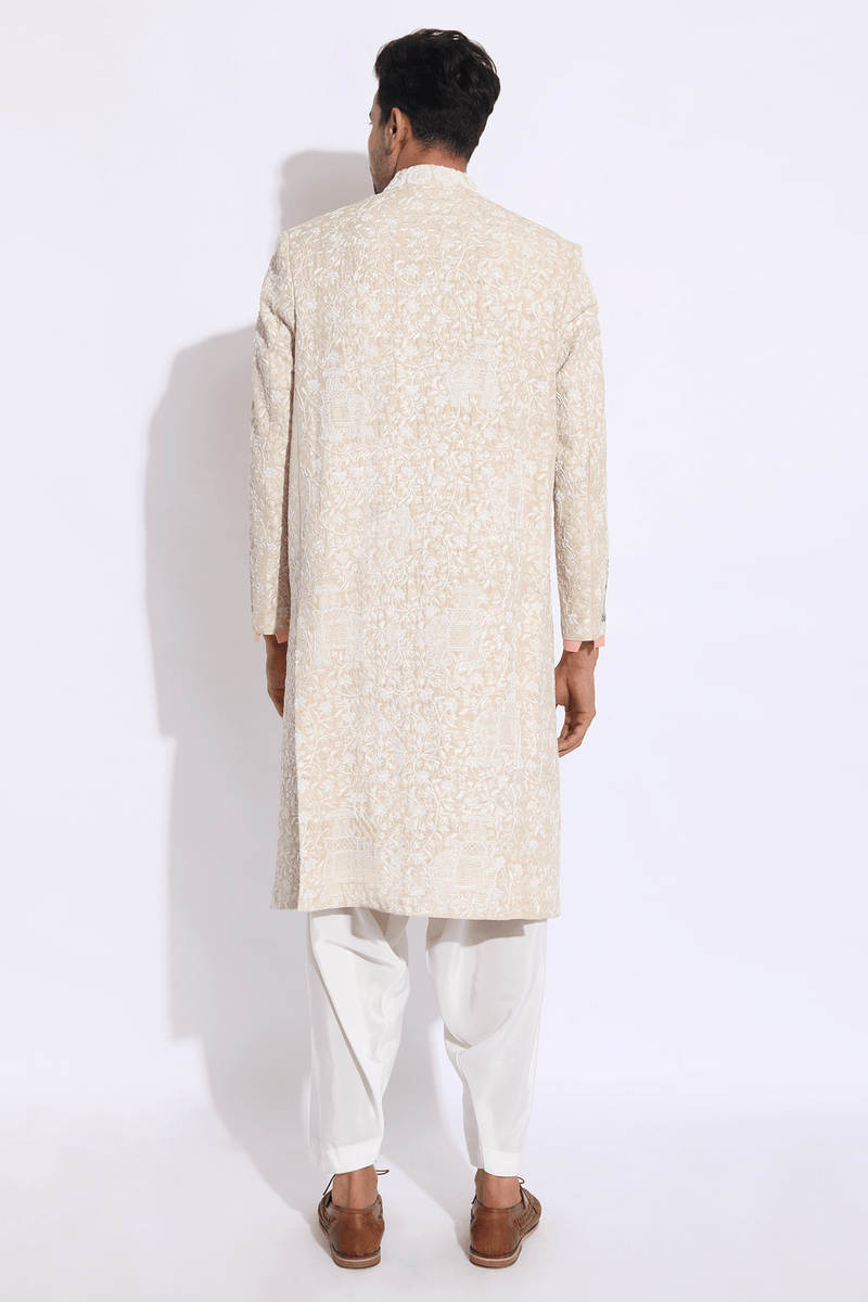 Beige with ivory Embroidery Sherwani Set (Express Delivery) - Kunal Anil Tanna