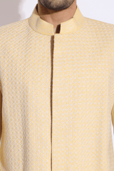 Light Yellow with Ivory Texture Sherwani Set (Express Delivery) - Kunal Anil Tanna
