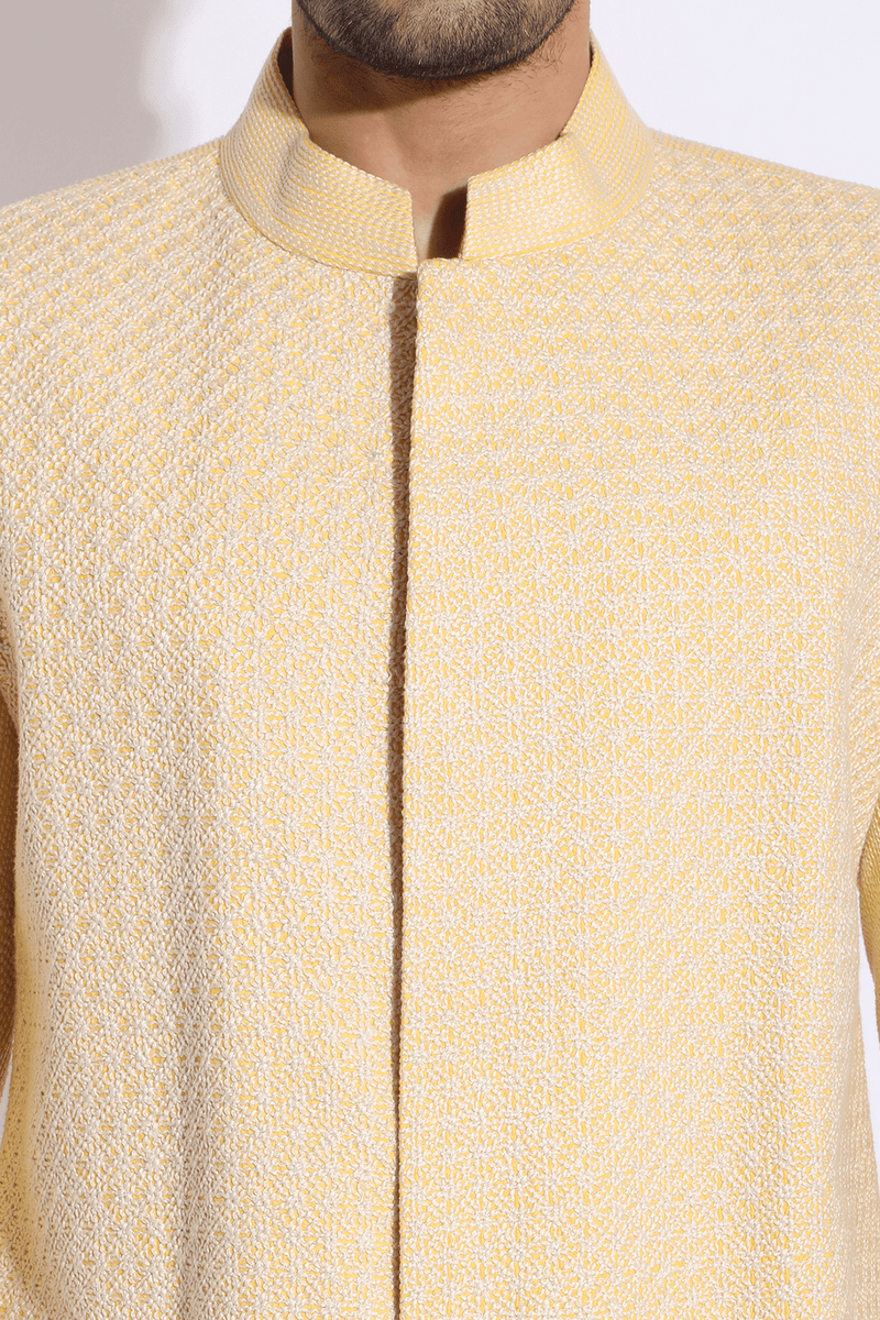 Light Yellow with Ivory Texture Sherwani Set (Express Delivery) - Kunal Anil Tanna