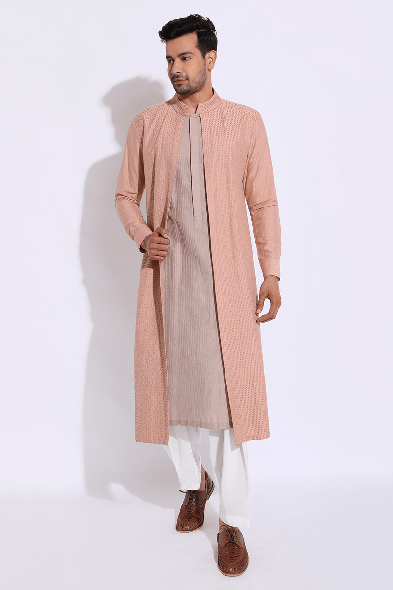 Salmon and grey mock layered kurta set (Express Delivery) - Kunal Anil Tanna