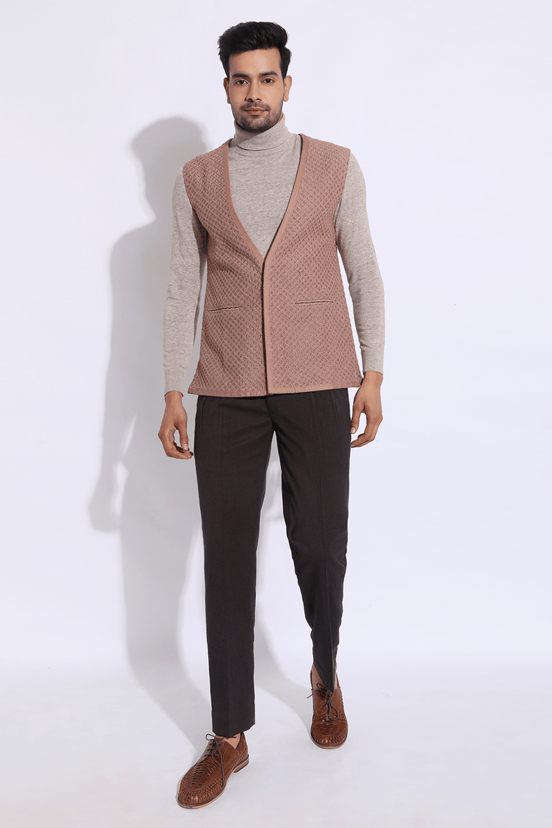 Beige textured long waist coat jacket with beige polo neck and brown trousers (Express Delivery) - Kunal Anil Tanna