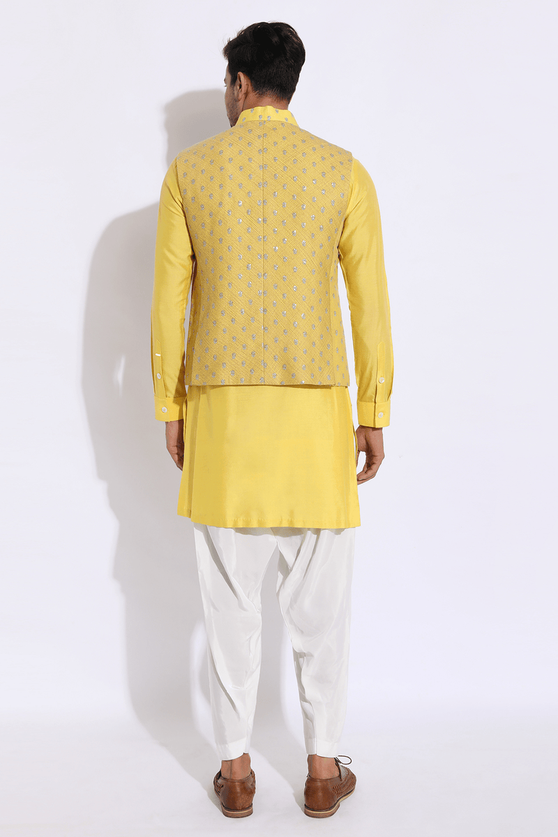 Yellow thread textured bandi kurta set - Kunal Anil Tanna