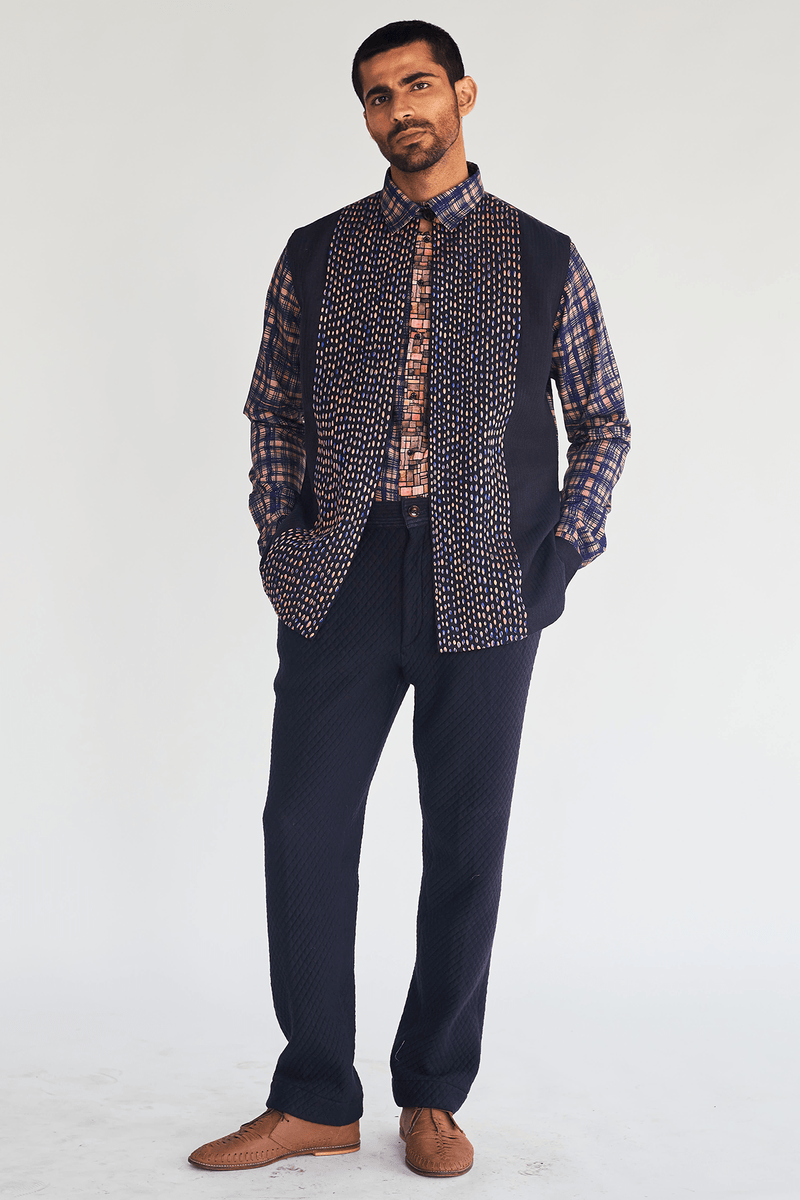 Textured Bandi Jacket with Printed Shirt and Quilted Trousers - Kunal Anil Tanna