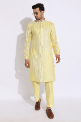 Light yellow with zari lines Kurta set (Express Delivery) - Kunal Anil Tanna