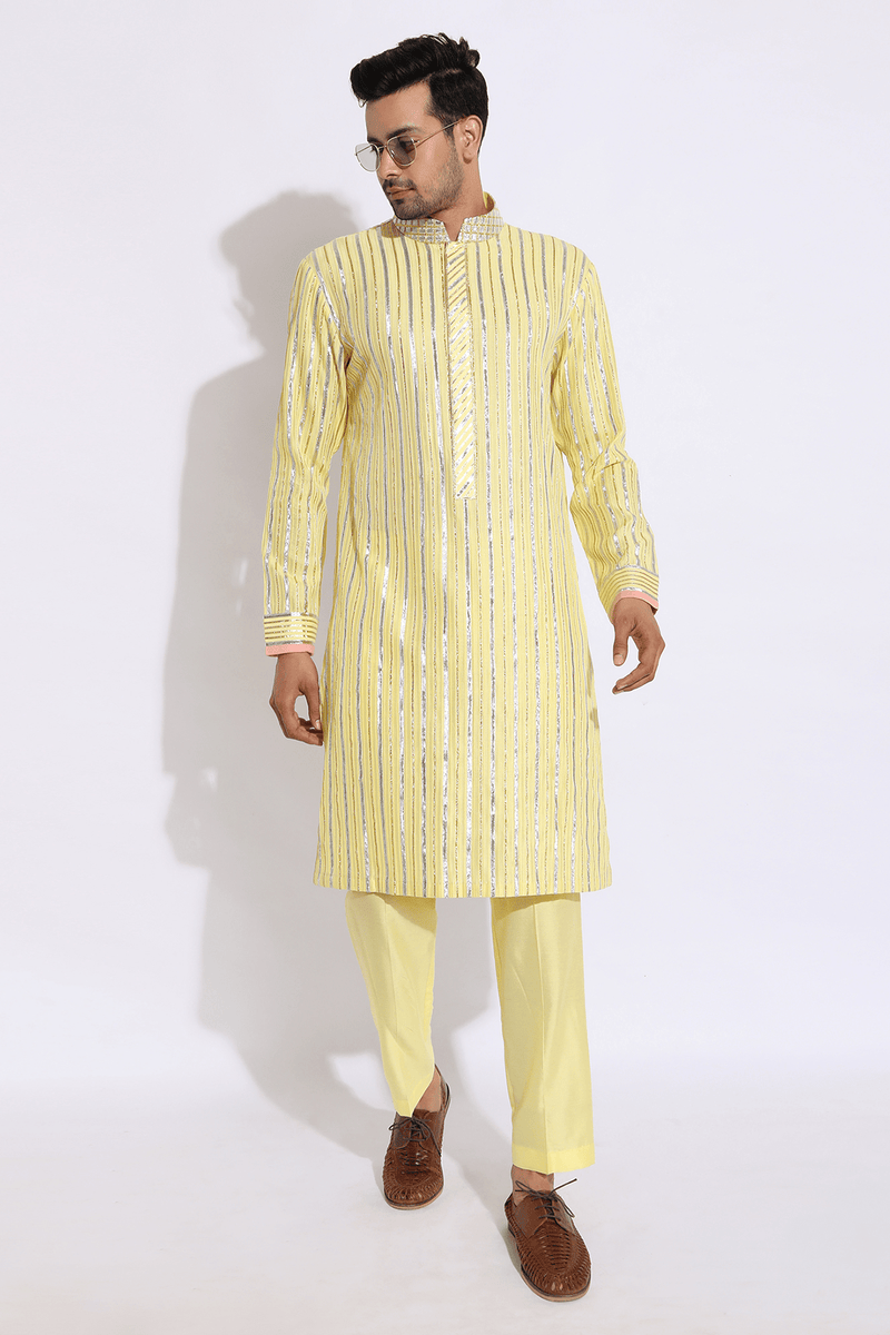 Light yellow with zari lines Kurta set (Express Delivery) - Kunal Anil Tanna