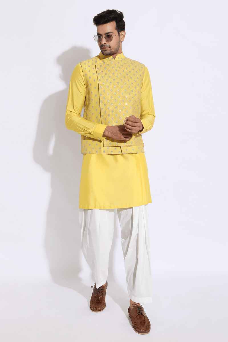 Yellow thread textured bandi kurta set - Kunal Anil Tanna