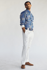 Boxy Prints Jacket with Kota Shirt & White Pleated Trouser - Kunal Anil Tanna