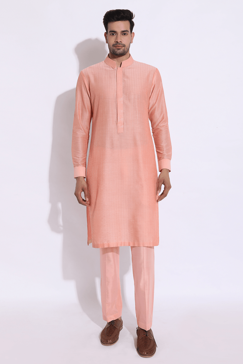 Peach thread embroidered open bandi jacket with peach kurta set (Express Delivery) - Kunal Anil Tanna