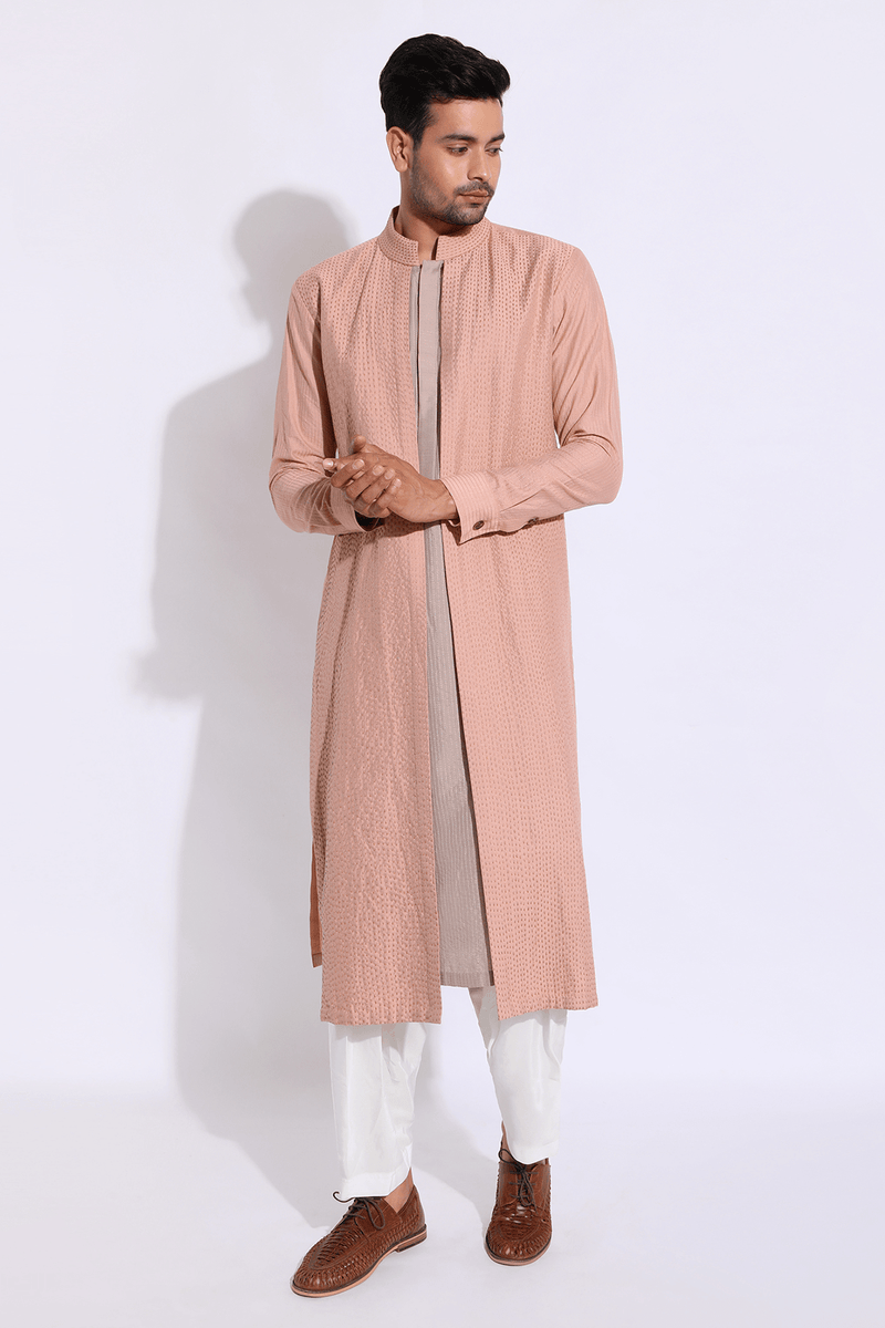 Salmon and grey mock layered kurta set (Express Delivery) - Kunal Anil Tanna