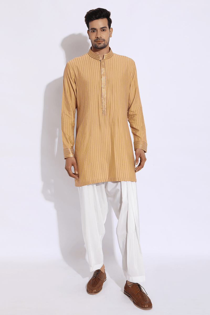 Red brocade bandi jacket with beige kurta set - Kunal Anil Tanna