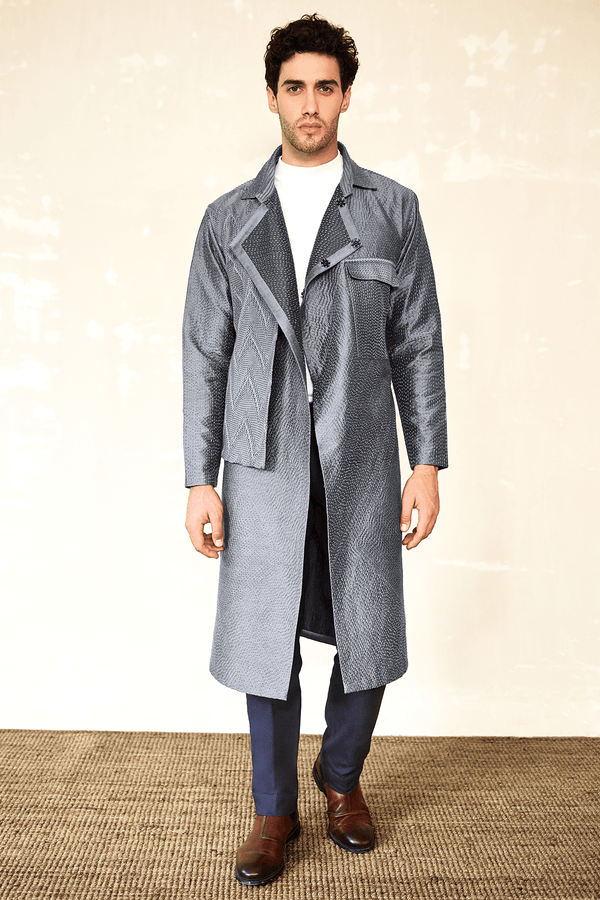 Long Trench Shackets with Turtle Neck T-Shirt & Grey Trousers - Kunal Anil Tanna