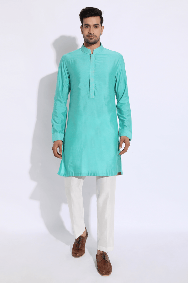 Turquoise blue with gold zari texture bandi kurta set (Express Delivery) - Kunal Anil Tanna