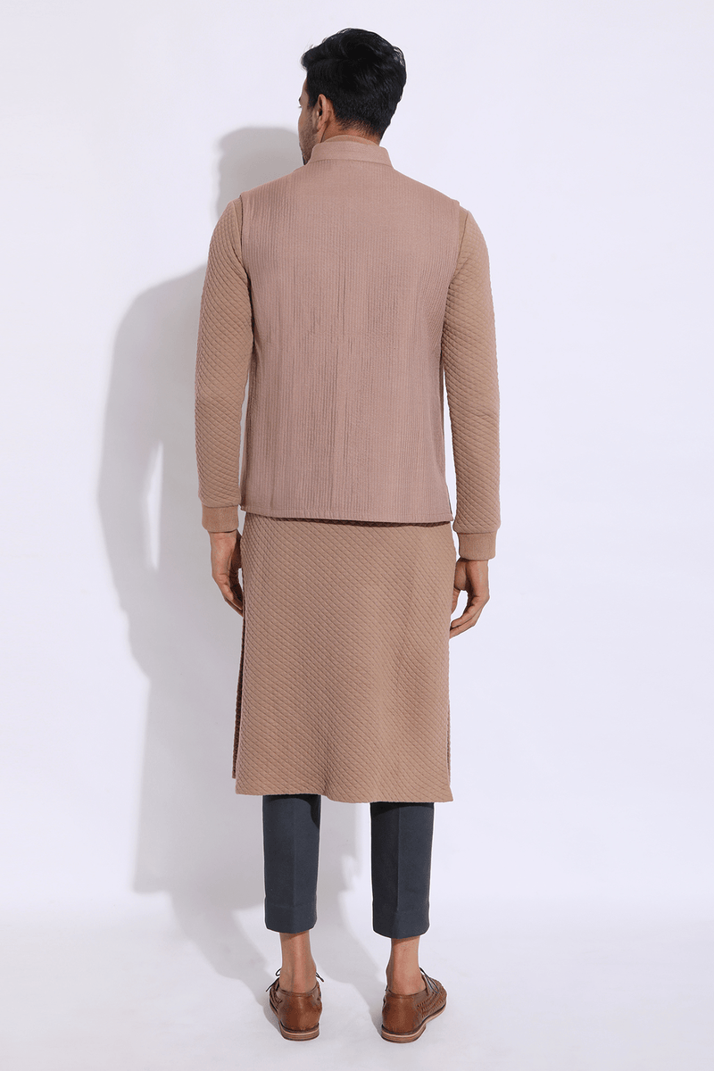 Beige Textured Bandi Jacket with quilted Polo Neck Kurta & Trousers (Express Delivery) - Kunal Anil Tanna