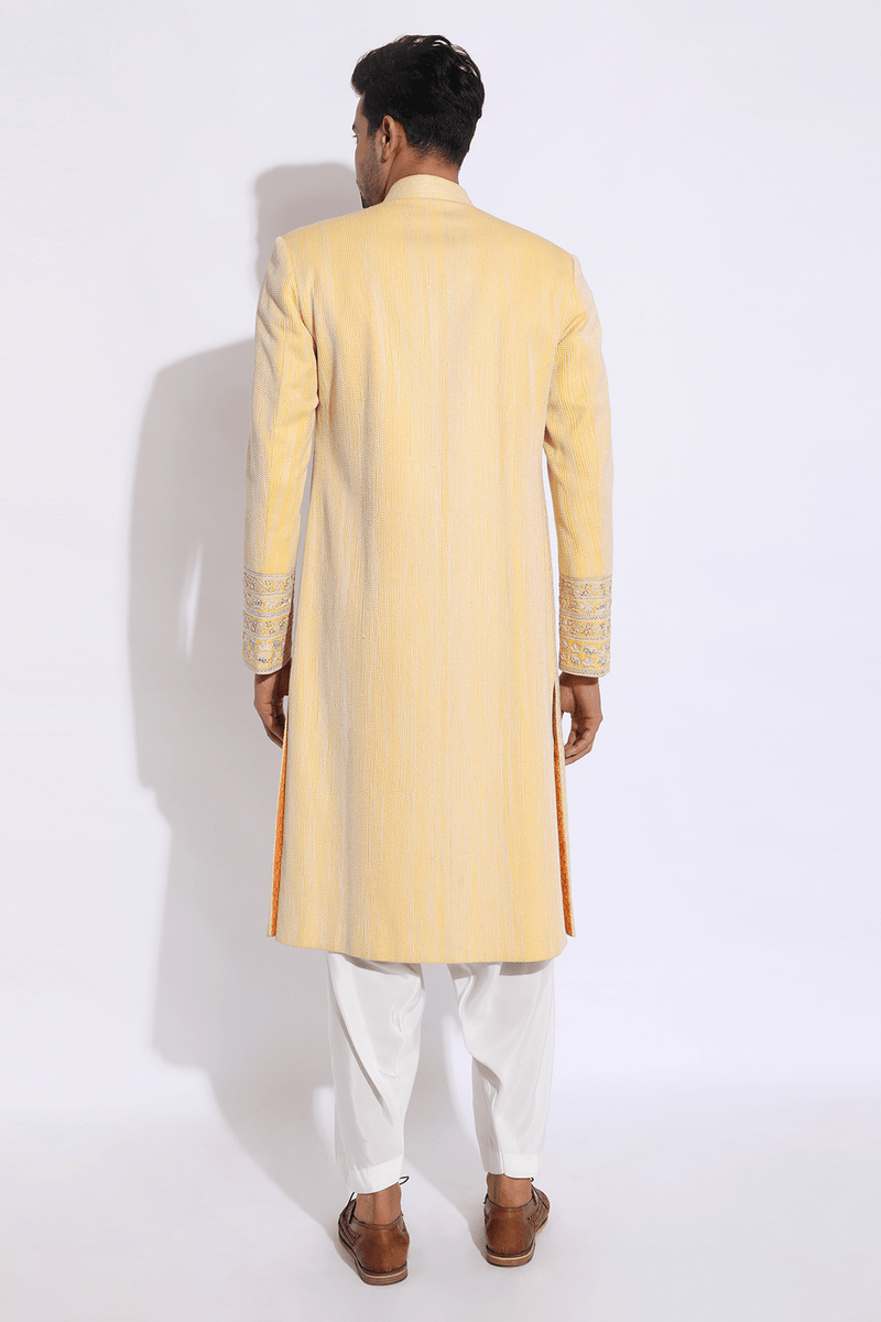 Light Yellow with Ivory Texture Sherwani Set (Express Delivery) - Kunal Anil Tanna