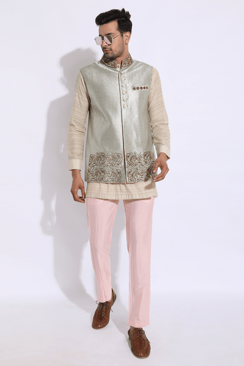 Gold texture with embroidery bandi and ivory kurta with peach aligarhi set - Kunal Anil Tanna