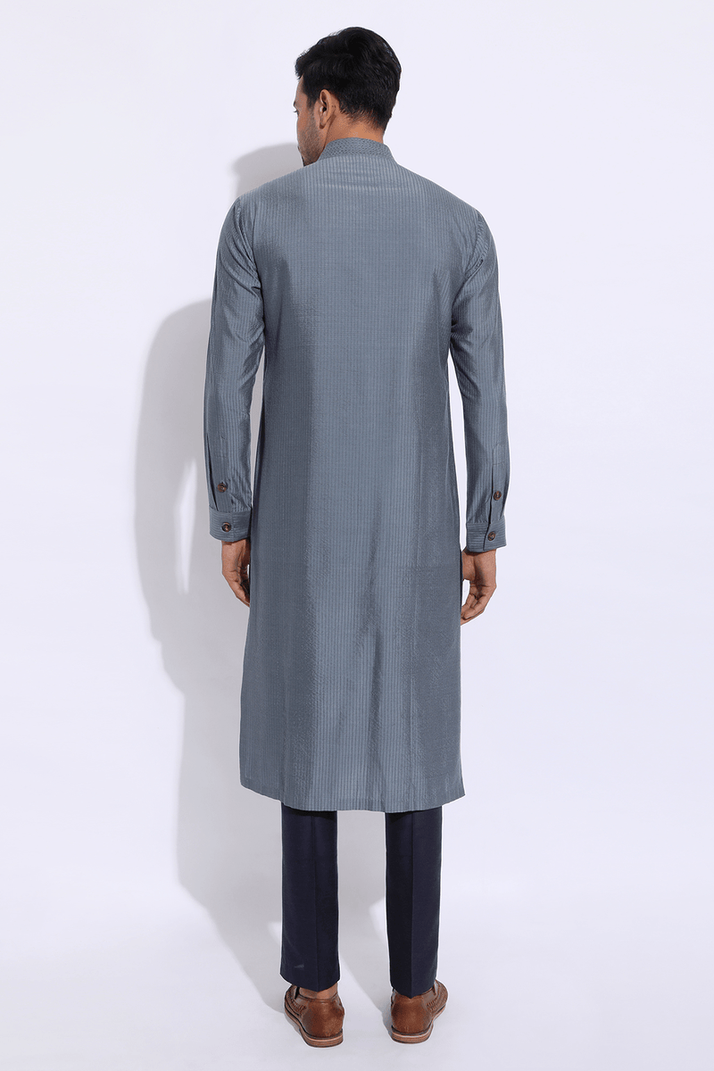Grey asymmetrical mock layered textured kurta set - Kunal Anil Tanna