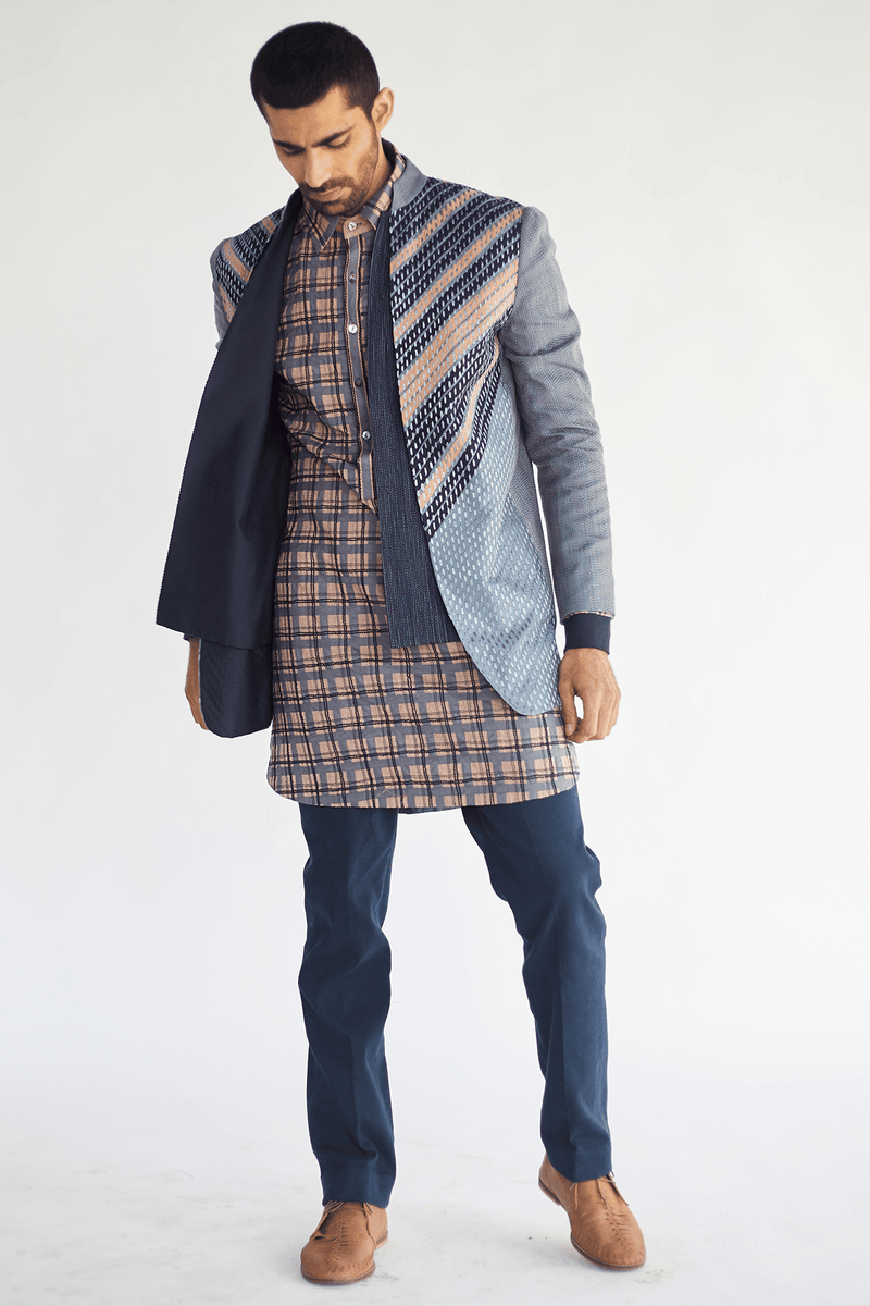 Open Layered Jacket with textured Kurta & Blue Trouser (Express Delivery) - Kunal Anil Tanna