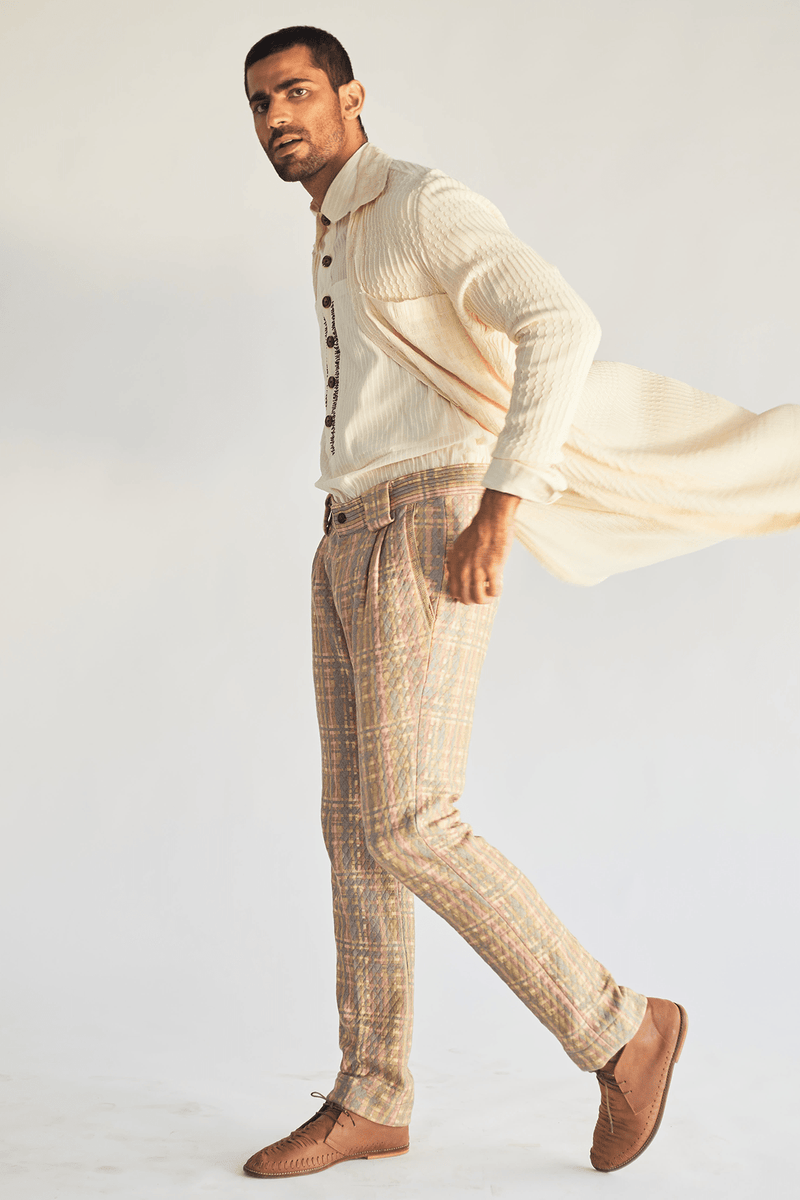 Ivory Long Shirt Jacket with Shirt and Mesh Faded Print Pants - Kunal Anil Tanna