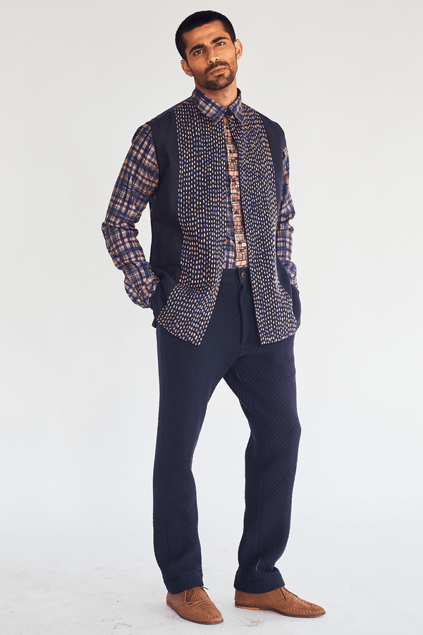 Textured Bandi Jacket with Printed Shirt and Quilted Trousers - Kunal Anil Tanna