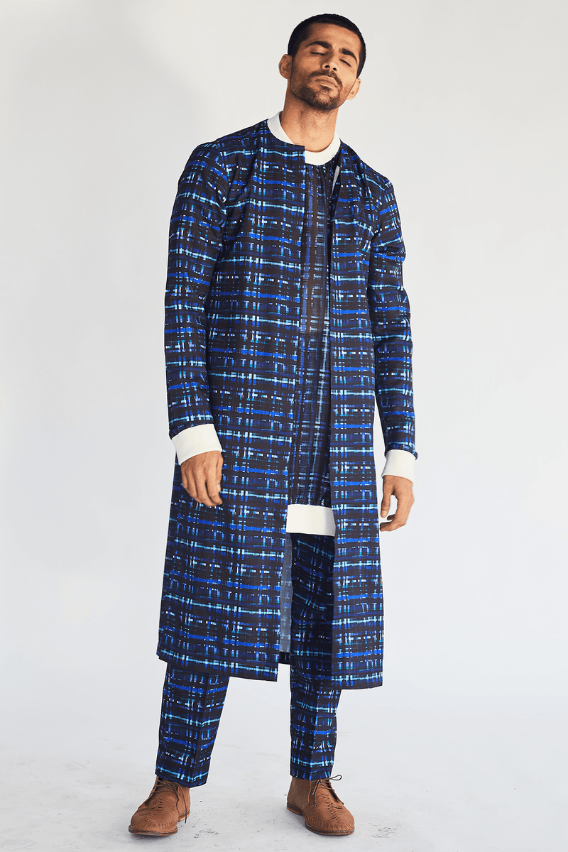 Open Mesh Print Long Jacket with Pullover Kurta and Printed Trousers (Express Delivery) - Kunal Anil Tanna