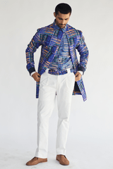 Boxy Prints Jacket with Kota Shirt & White Pleated Trouser - Kunal Anil Tanna