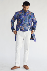 Boxy Prints Jacket with Kota Shirt & White Pleated Trouser - Kunal Anil Tanna