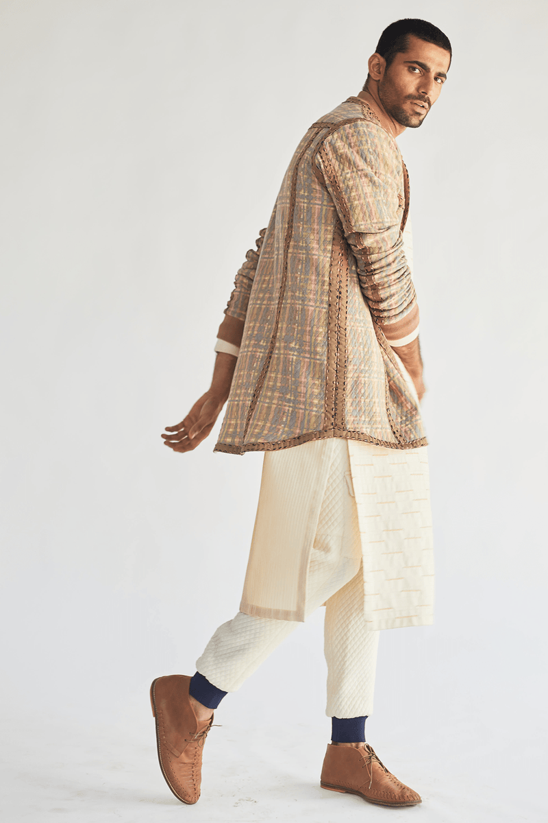 Printed Jacket With Ivory Kurta and Quilted Pants (Express Delivery) - Kunal Anil Tanna