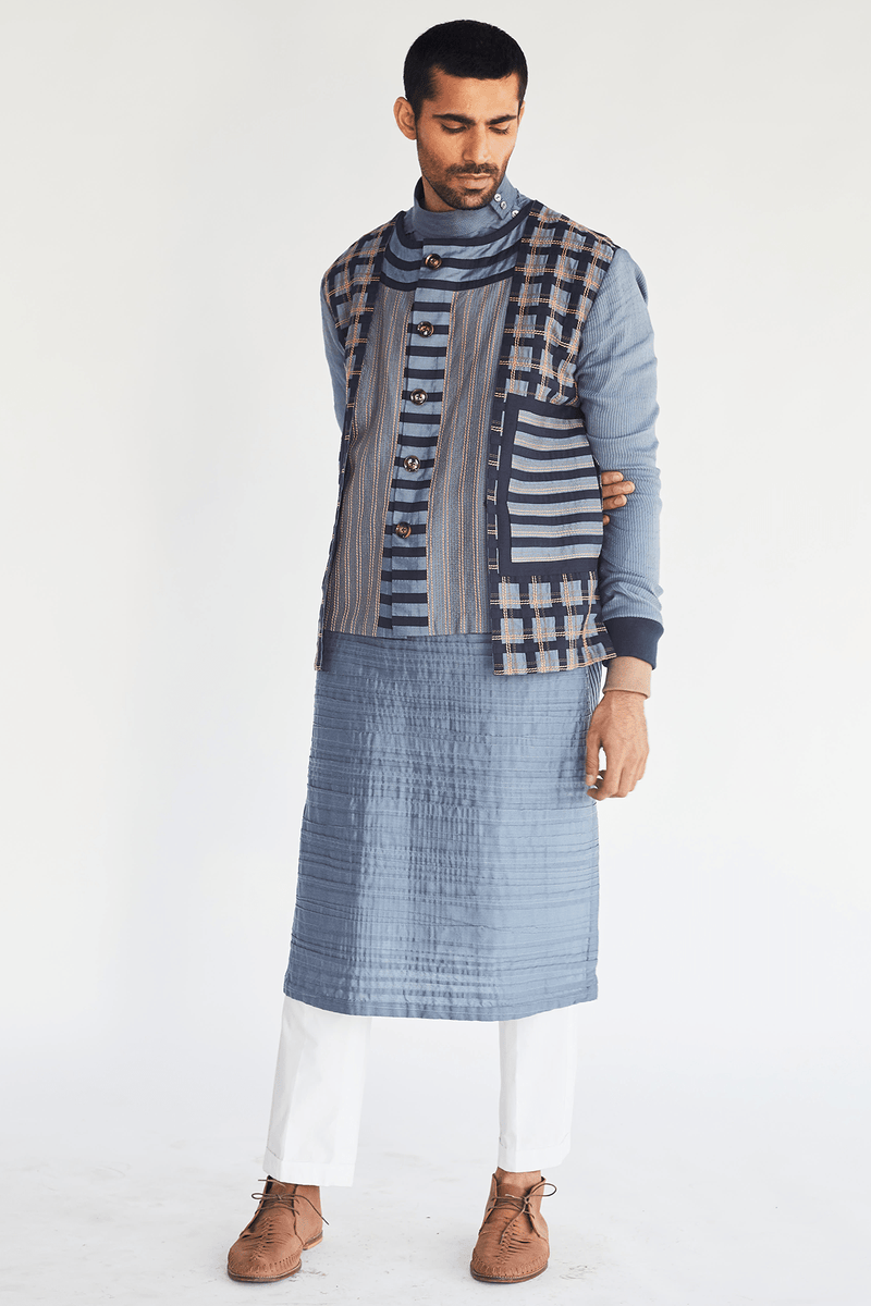 Textured Bandi Jacket with Long Kurta & Pleated Trouser - Kunal Anil Tanna