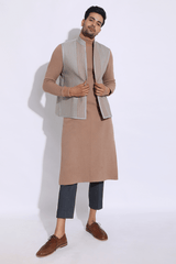 Beige Textured Bandi Jacket with quilted Polo Neck Kurta & Trousers - Kunal Anil Tanna