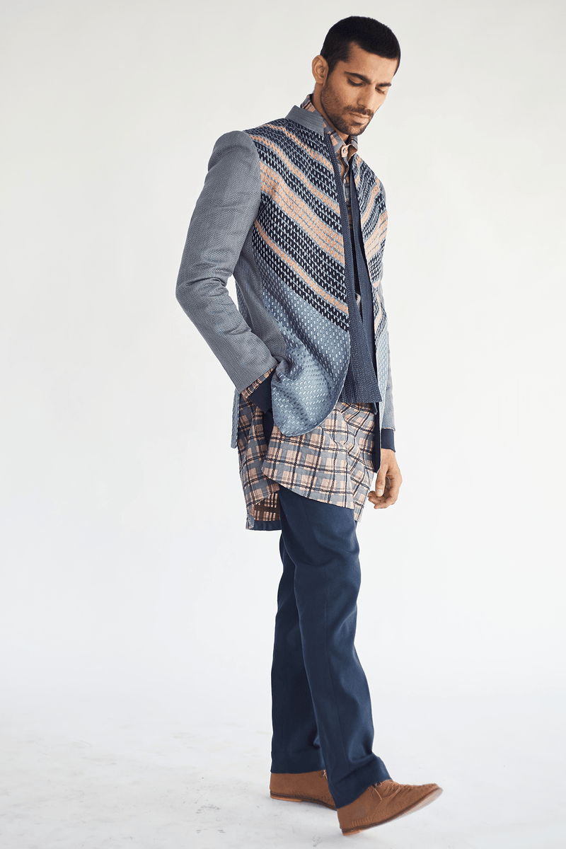 Open Layered Jacket with textured Kurta & Blue Trouser - Kunal Anil Tanna