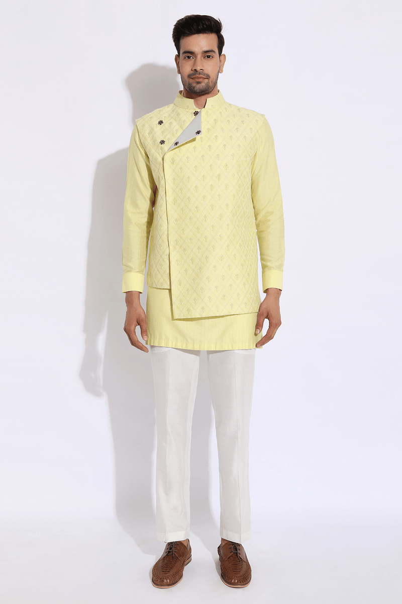 Asymmetrical Overlap Bandi Jacket with Kurta Set - Kunal Anil Tanna