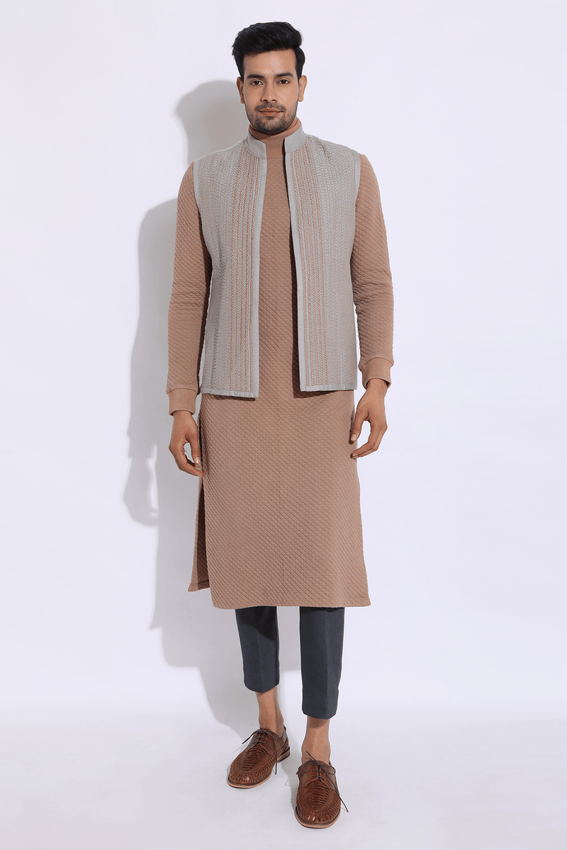 Beige Textured Bandi Jacket with quilted Polo Neck Kurta & Trousers - Kunal Anil Tanna