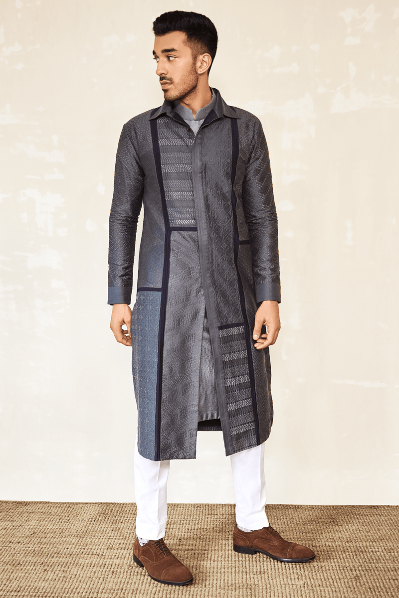 Textured Long Kurta with Grey Kurta & Off-white Trousers - Kunal Anil Tanna