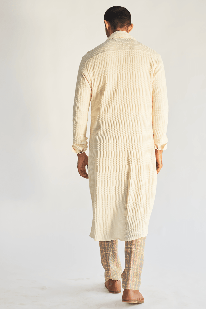 Ivory Long Shirt Jacket with Shirt and mesh faded print pants (Express Delivery) - Kunal Anil Tanna