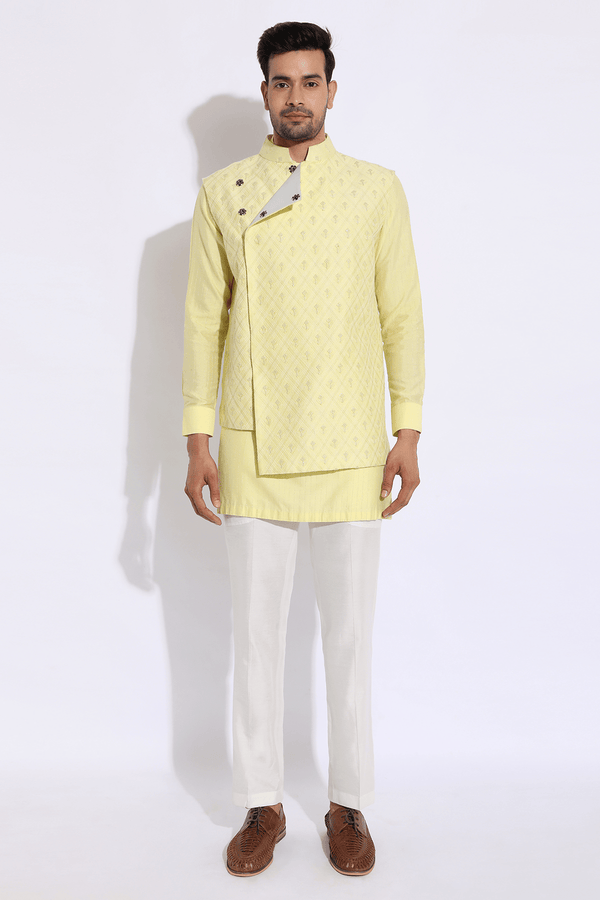 Asymmetrical Overlap Bandi Jacket with Kurta Set (Express Delivery) - Kunal Anil Tanna