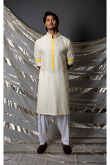 Off white yellow textured kurta set - Kunal Anil Tanna