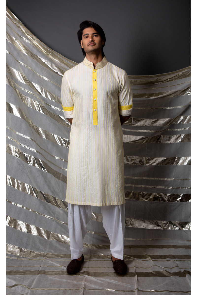 Off white yellow textured kurta set - Kunal Anil Tanna