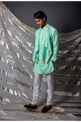 Aqua green textured kurta with layer flaps and off white pants - Kunal Anil Tanna