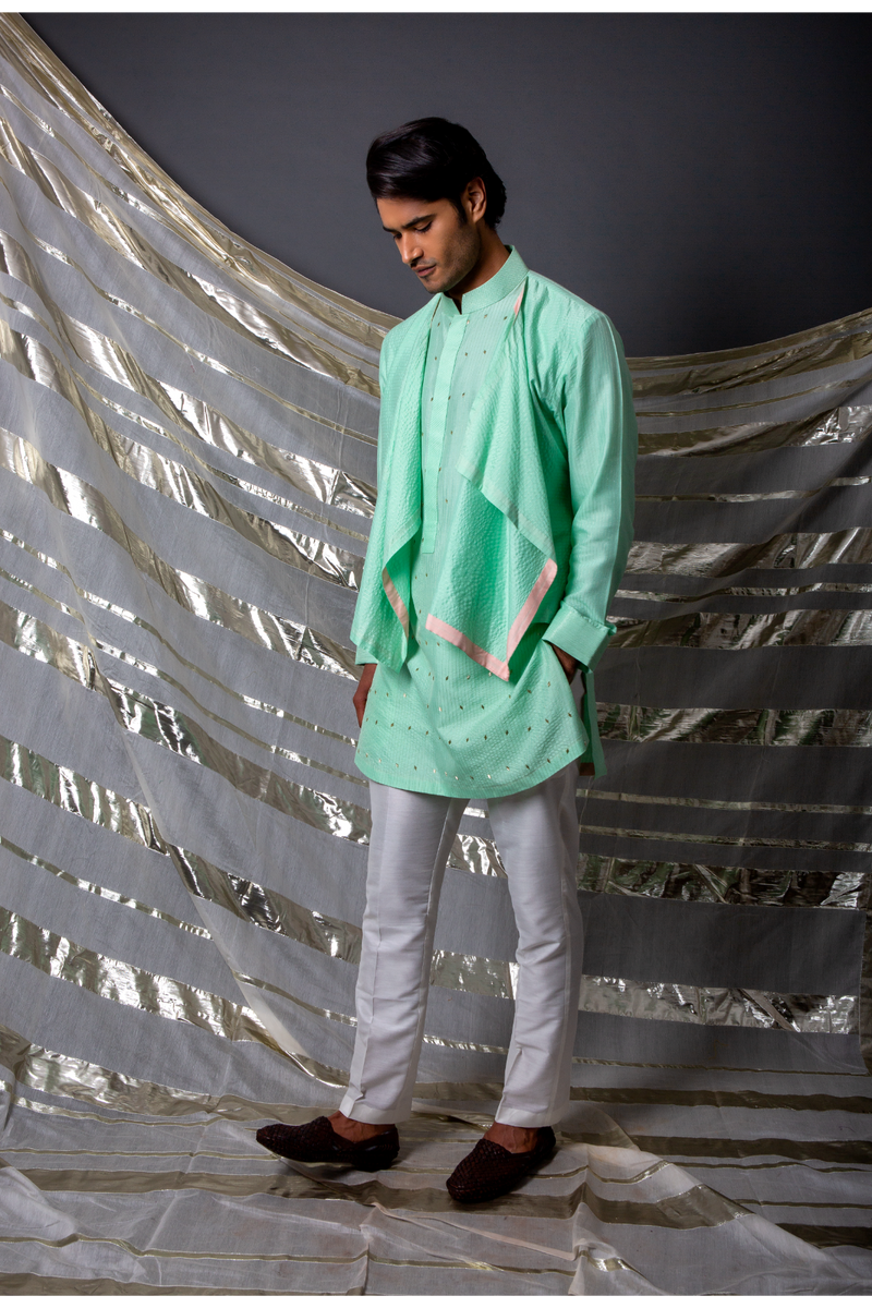 Aqua green textured kurta with layer flaps and off white pants - Kunal Anil Tanna