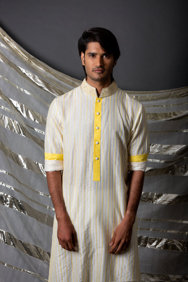 Off white yellow textured kurta set - Kunal Anil Tanna