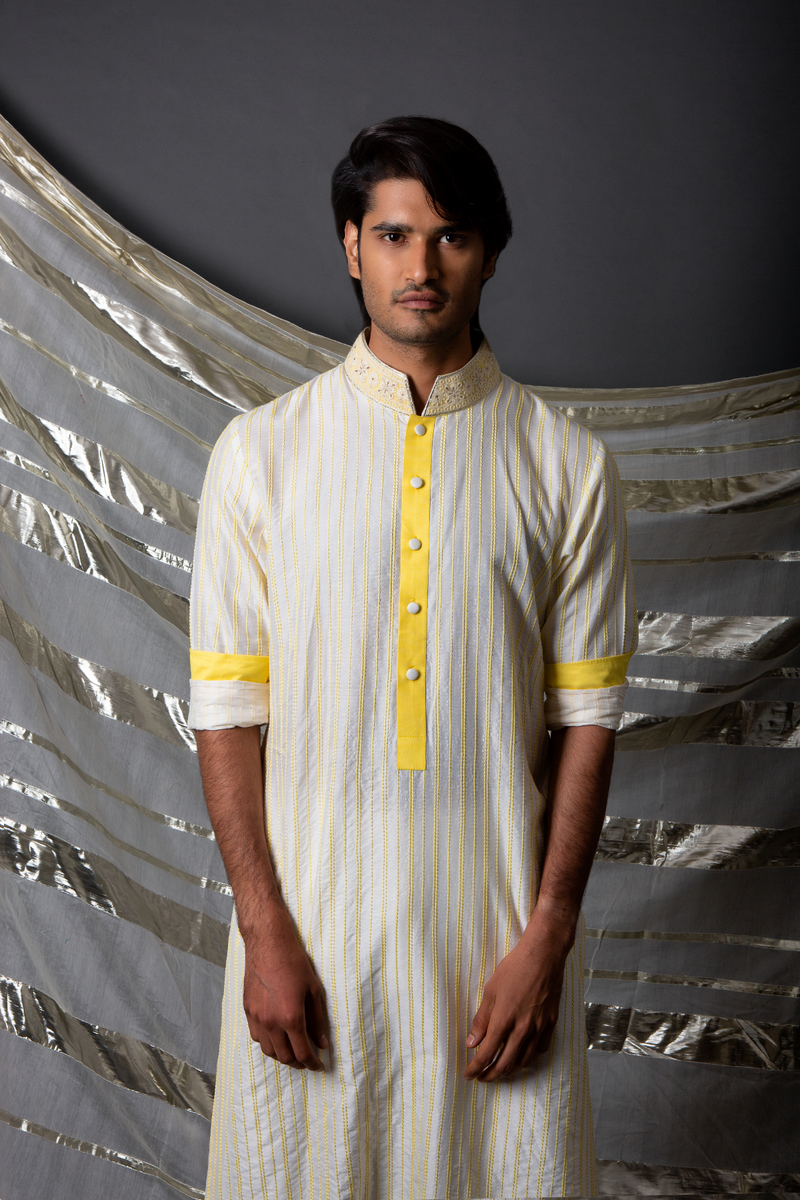 Off white yellow textured kurta set - Kunal Anil Tanna