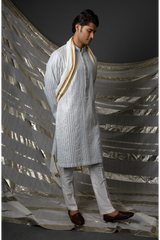 Off-white with blue thread and gotta textured kurta set - Kunal Anil Tanna