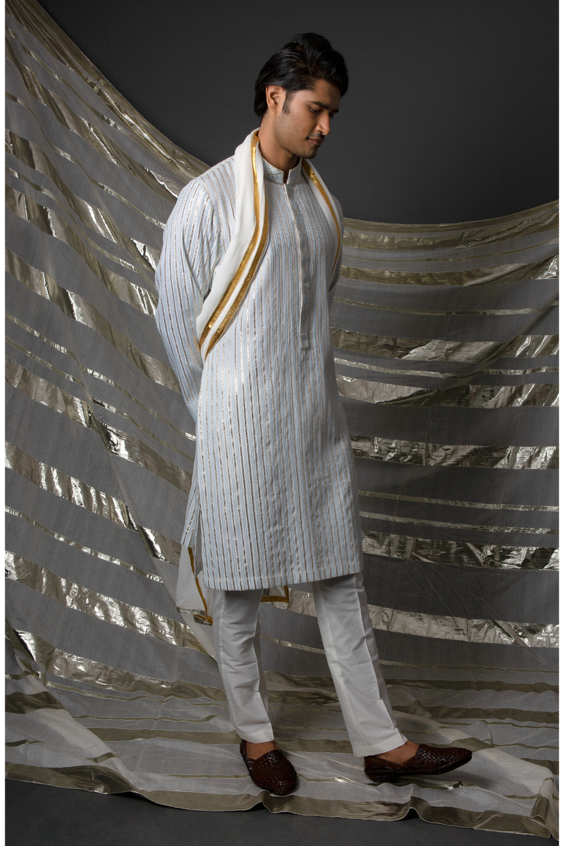 Off-white with blue thread and gotta textured kurta set - Kunal Anil Tanna