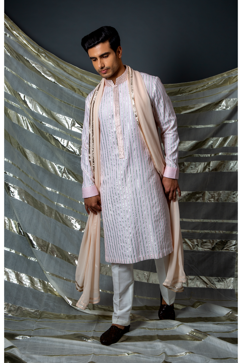 Off white with pink thread and gotta textured kurta set - Kunal Anil Tanna