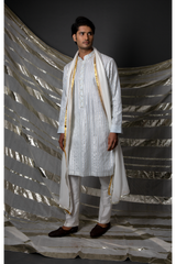 Off-white with blue thread and gotta textured kurta set - Kunal Anil Tanna