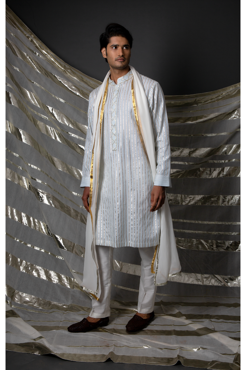 Off-white with blue thread and gotta textured kurta set - Kunal Anil Tanna