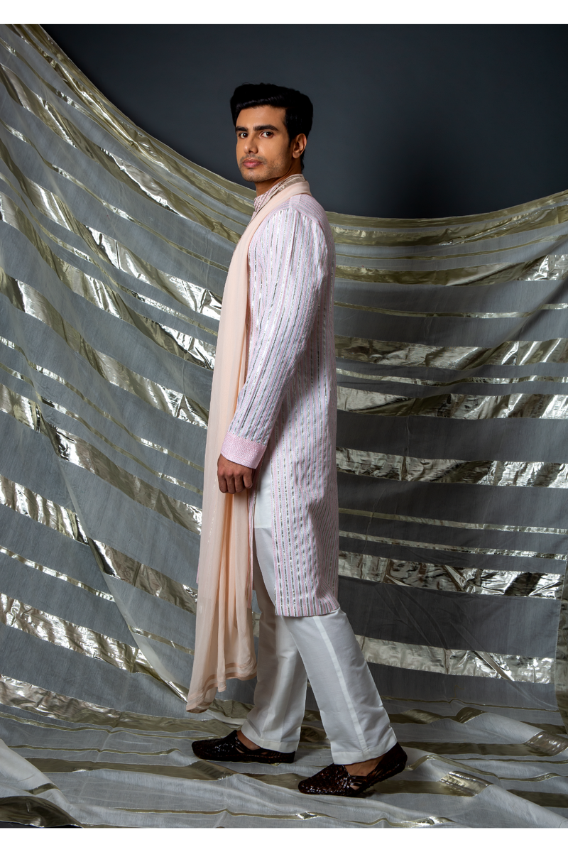 Off white with pink thread and gotta textured kurta set - Kunal Anil Tanna