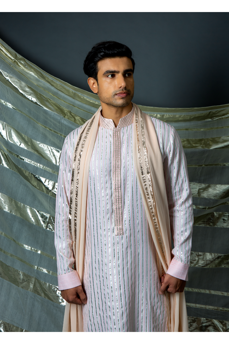 Off white with pink thread and gotta textured kurta set - Kunal Anil Tanna