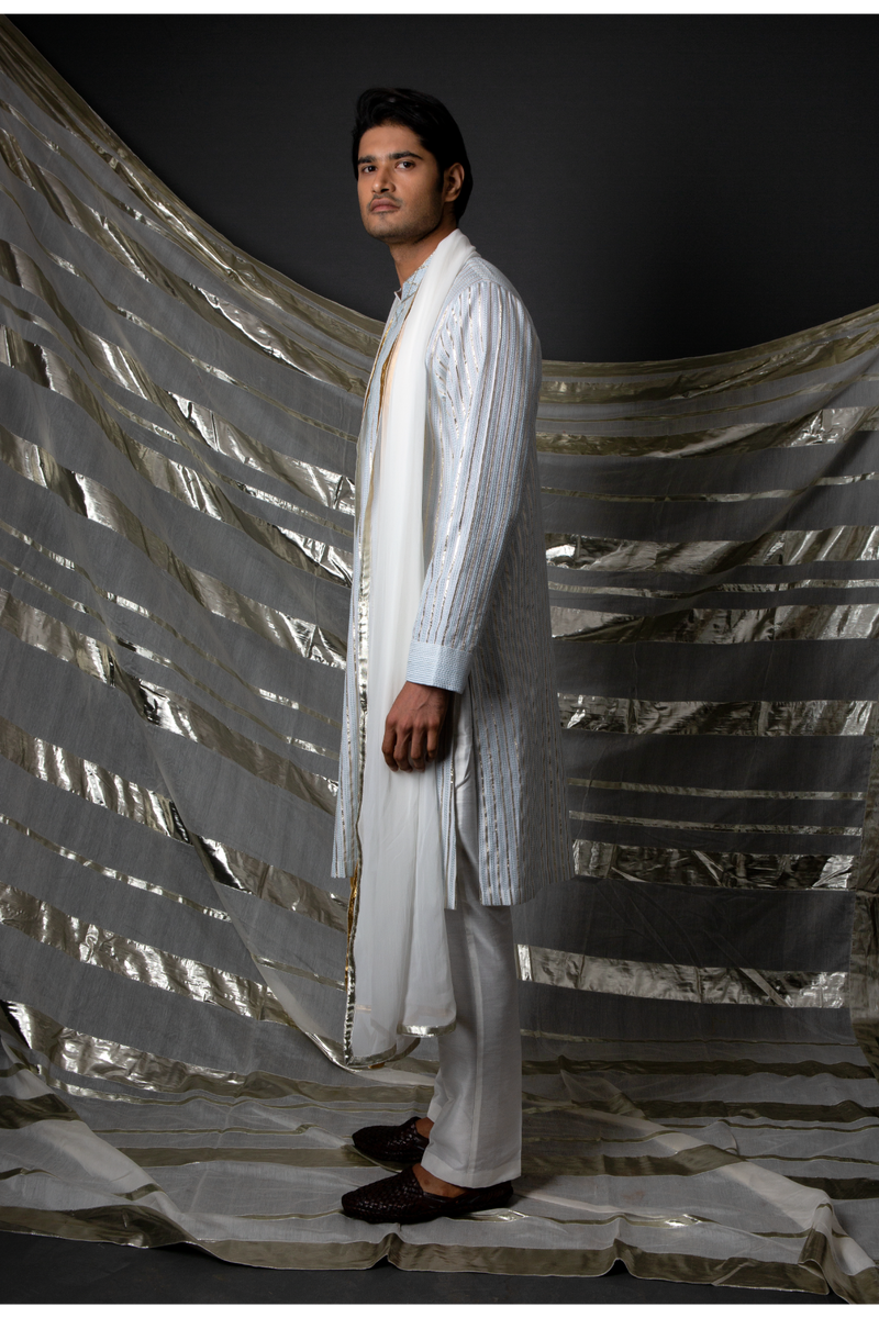 Off-white with blue thread and gotta textured kurta set - Kunal Anil Tanna