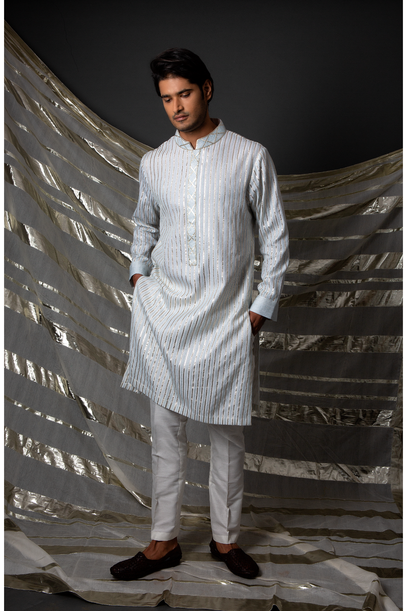 Off-white with blue thread and gotta textured kurta set - Kunal Anil Tanna